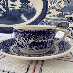 Vintage Blue Willow Tea Cup and Saucer Set | Wide Low Cup | Blue and White China | Chinoiserie Collectible | Traditional English Tea Set