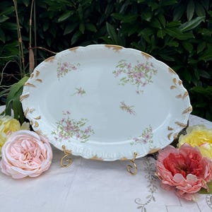 Antique Limoges Platter | D&C France R. Delinieres Co | 15.5” Gold Trim Floral Porcelain Tray | French Serving Dish | Shabby Decor