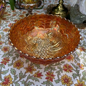 Vintage Carnival Glass Bowl | Imperial Glass Co. | Imperial Grape Pattern | Iridescent Marigold | Antique Fruit Bowl | 1911–1927