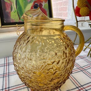Amber Glass Pitcher | Anchor Hocking | Round Vintage Pitcher | 1960s Glassware | MCM Kitchen Decor | Retro Drinkware