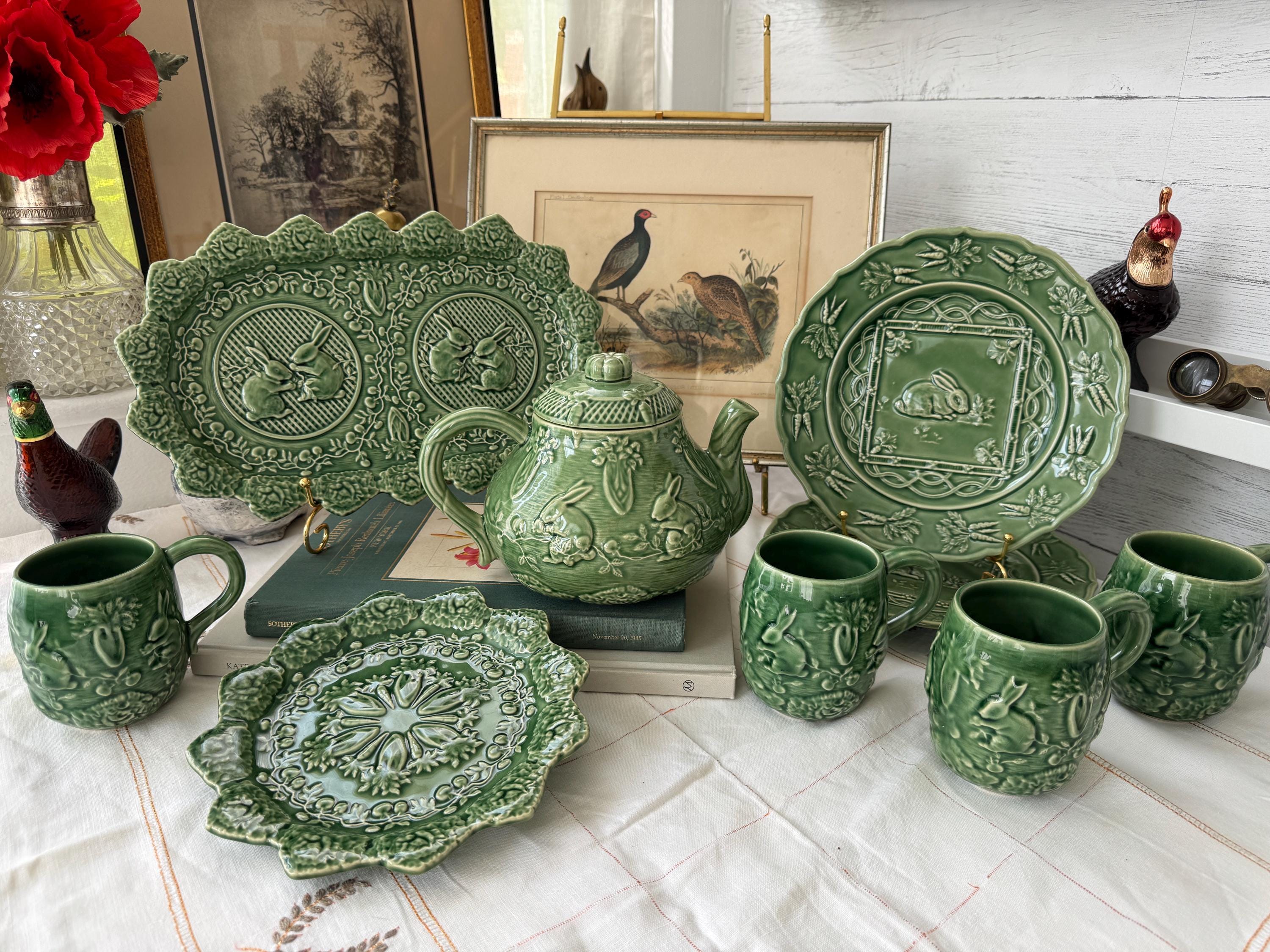 Bordallo Pinheiro Bunny Majolica Set: Teapot, Mugs, Plates