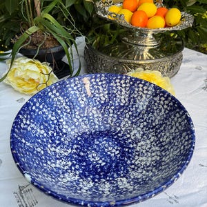 Vintage Roma Inc. Blue Spongeware Serving Bowl | Approx. 12&quot; wide | Pasta Bowl | Italian Pottery | Rustic Farmhouse Kitchen Decor