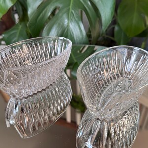 May include: Two clear, oval-shaped glass dishes with a textured, ribbed design. The dishes are sitting on a reflective surface, with a green leafy plant in the background. The dishes are likely for serving snacks or small portions.