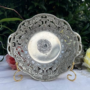 Vintage Ornate Silverplate Tray | Pierced Filigree Dish with Floral Scrollwork | Japan Stamped | Intricate Handles | Vanity or Serving Tray