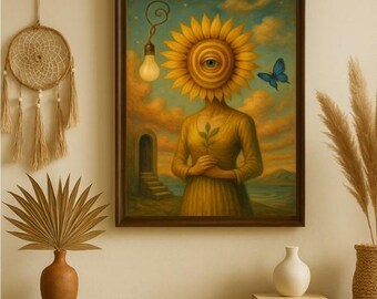 Sunflower Head - First Light. Surreal Spiritual Digital Art, Mystical Occult Design, Illumination Awakening Wall Art