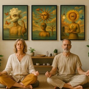 Puede incluir: Tres impresiones artísticas surrealistas enmarcadas con figuras y elementos de la naturaleza cuelgan sobre una pareja meditando. La pareja está sentada sobre una estera tejida, rodeada de plantas en macetas. El arte presenta rostros nubosos, soles y girasoles.