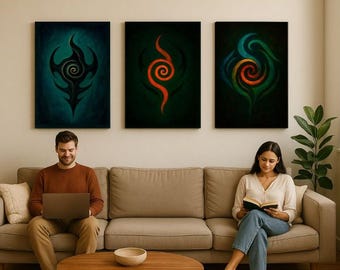 Ignis - The Secret Fire. Surreal Spiritual Alchemy Art Set, Occult Triptych Wall Decor for Meditation & Ritual Spaces, Inner Journey