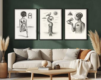 Guardians of the Spiral Gate. Surreal Spiritual Art Triptych, Canvas/Poster, Printable Digital Art