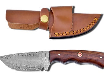 Handmade Damascus Steel Hunting Knife | Black Walnut Handle, Leather Sheath