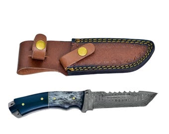 Cuchillo de caza de acero de Damasco forjado a mano: mango de hueso, funda de cuero
