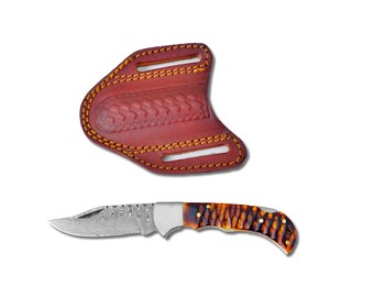 Cuchillo plegable de Damasco hecho a mano: mango de hueso quemado, funda de cuero