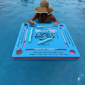 Pool Jong, Mahjong for the pool floating game table with instructions, aqua top with pink bottom image 2