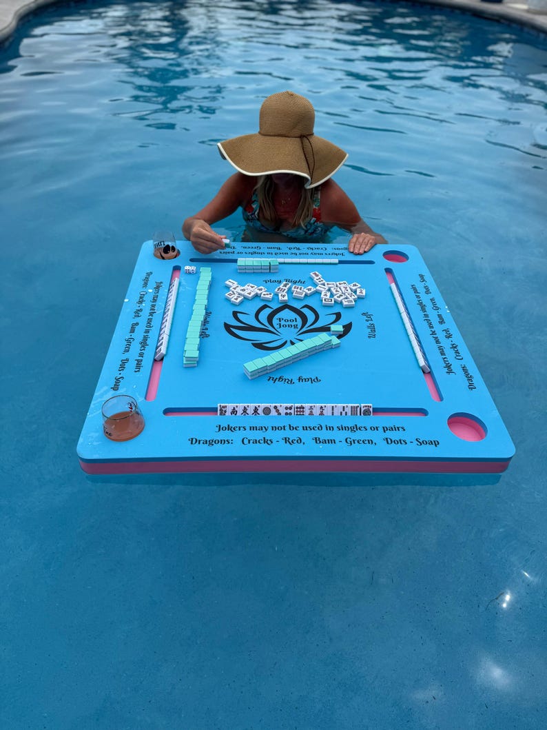 Pool Jong, Mahjong for the pool floating game table with instructions, aqua top with pink bottom image 2
