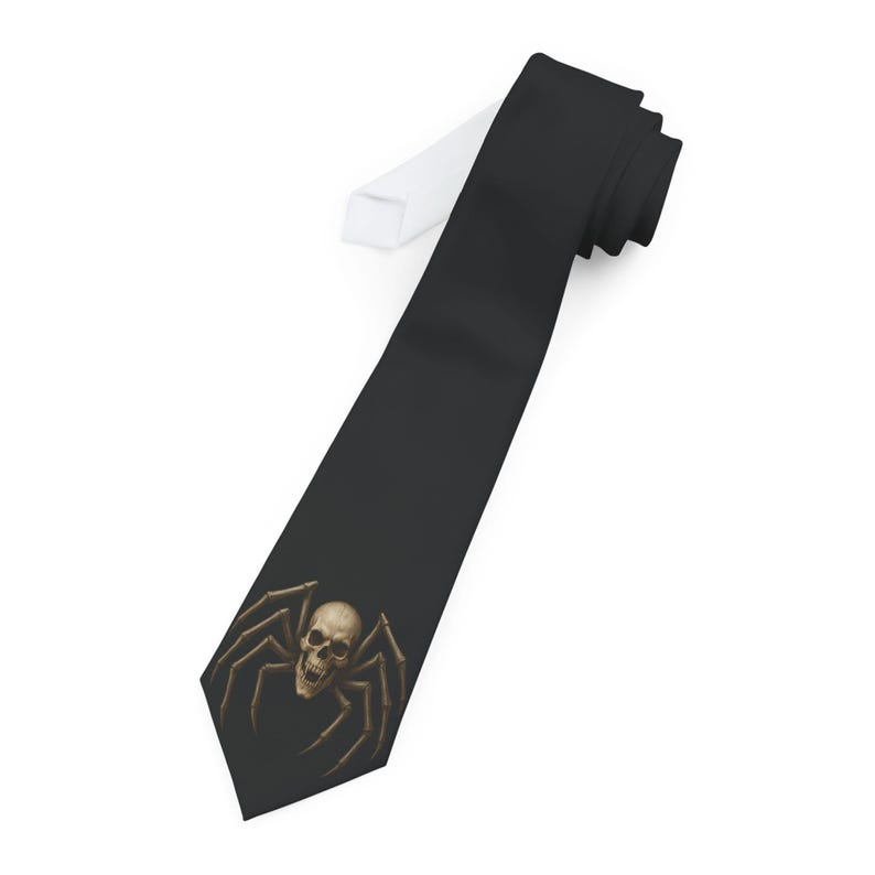 Spooky Halloween Single Skull Spider Necktie, Scary Party Tie, Formal Halloween Costume, Creepy Goth Clothing image 1