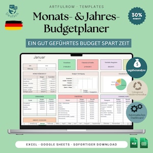 Könnte beinhalten: Eine digitale Monats- und Jahresbudgetplaner-Vorlage auf einem Laptop-Bildschirm. Die Tabelle enthält Abschnitte für Einnahmen, Fixkosten und variable Ausgaben mit Tabellen, einem Kreisdiagramm und Reitern für jeden Monat des Jahres.