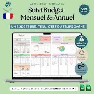 Peut inclure: Un modèle de suivi de budget mensuel et annuel numérique affiché sur un écran d'ordinateur portable. L'interface comprend des tableaux pour les revenus, les dépenses fixes et variables, les dettes et l'épargne, avec un graphique et le texte Suivi Budget Mensuel & Annuel.