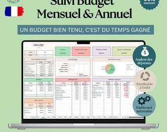 Budget Mensuel et Annuel 2026 Excel et Google Sheets | Planificateur Budgétaire Français | Suivi Dépenses, Épargne Prêts