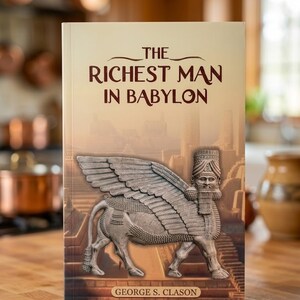 May include: A hardcover book titled "The Richest Man in Babylon" by George S. Clason. The cover features a detailed relief of a winged bull with a human head, set against a backdrop of an ancient city in shades of brown and beige.