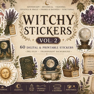 Puede incluir: Una colección de 60 pegatinas digitales e imprimibles titulada Witchy Stickers Vol. 2, que presenta ilustraciones de pociones de amor y sueños, cristales, cartas del tarot, mortero, sol, libro de hechizos, baño de luna y cesta de hierbas.