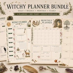 May include: A digital planner bundle featuring four pages labelled Daily, Weekly, Monthly, and Yearly Planner. The cream-coloured pages include illustrations of a sun, skull, tree, raven, deer, and keys, with text reading WITCHY PLANNER BUNDLE.
