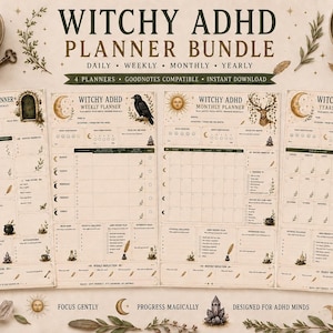 Puede incluir: Un paquete de planificadores digitales titulado Witchy ADHD Planner Bundle que incluye plantillas diarias, semanales, mensuales y anuales. Las páginas tienen un fondo crema con texto verde oscuro, ilustraciones celestiales e iconos.