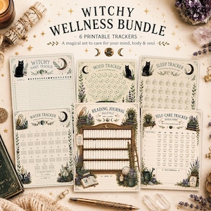 Pacchetto di monitoraggio del benessere Green Witch / Pagine di agenda stampabili e digitali per GoodNotes / Monitoraggio di abitudini, umore, sonno, idratazione e cura di sé