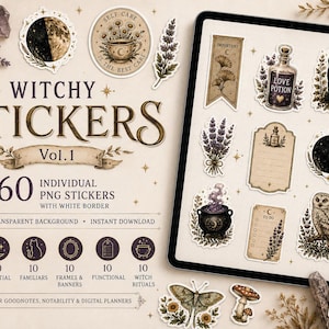 Puede incluir: Una colección digital de 60 pegatinas PNG con temática de brujería mostradas en una pantalla de tableta. Las pegatinas incluyen ilustraciones de un gato negro, un búho, una botella de poción de amor, un caldero y fases lunares.