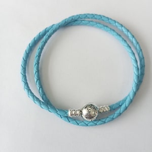 sterling silver pandora l.blue double wrap leather bracelet 38cm + pouch
