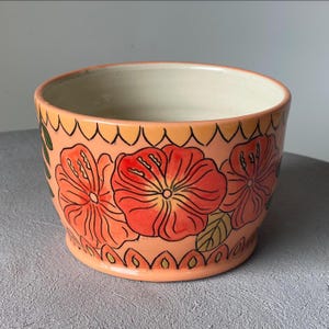 Handmade Ceramic Planter | Wheel-Thrown Pot with Hand-Painted Floral Design in Orange