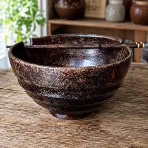 Handmade Ramen Bowl with Chopstick Rest Cutouts | Brown Textured Glaze |Ceramic Pottery Bowl