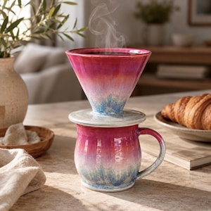 Handgjort keramiskt kaffeset med pour over-funktion, rosa pärlemorfärgad keramikmugg med dropp