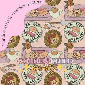 May include: A hand-drawn 12x12 seamless pattern featuring a repeating design of tea sets, biscuits, and floral arrangements. The text "GOLDEN CHILD Society" is displayed in a decorative font. The color palette includes pink, beige, and brown.