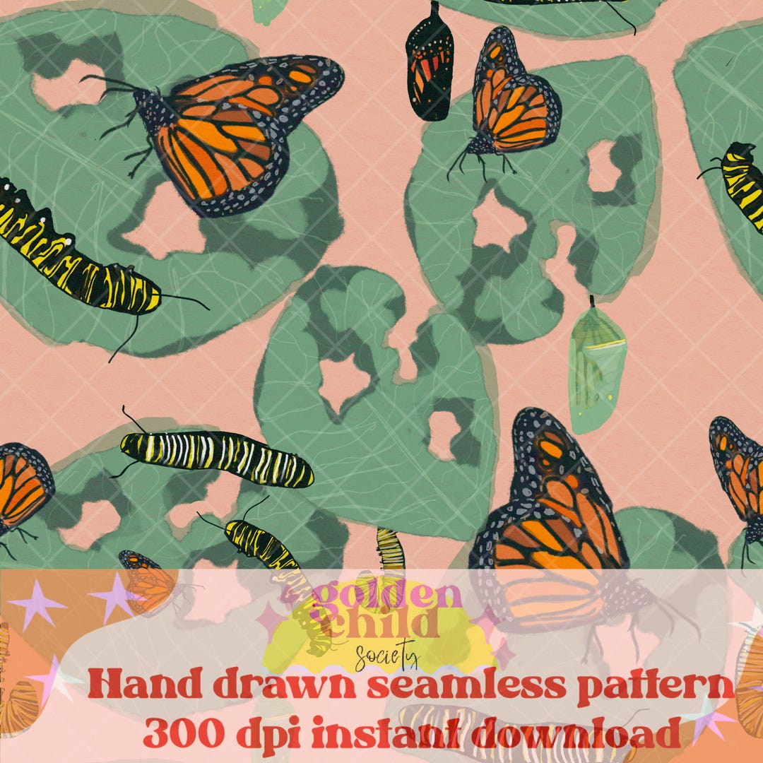 Monarch Butterfly Seamless Pattern | 12x12" Digital Tile | Caterpillar ...