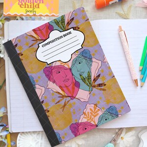 May include: Composition book with a colourful design featuring illustrations of classical busts in pink and teal on a lavender background. The cover has a label that says "COMPOSITION BOOK". The book is open to a blank page with pens and pencils.