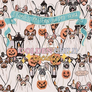 Puede incluir: Patrón sin costuras con perros de dibujos animados disfrazados de fantasmas, con calabazas, velas y faroles. El texto "GOLDEN CHILD Society" y "Seamless Pattern 300 DPI 12x12" están incluidos. La paleta de colores incluye naranja, blanco y marrón.