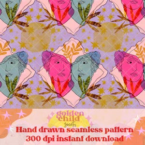 Puede incluir: Un patrón sin costuras con bustos estilizados en rosa y azul, sobre un fondo lavanda con estrellas doradas y detalles florales. El diseño incluye el texto "Golden Child Society" y "Hand drawn seamless pattern 300 dpi instant download".