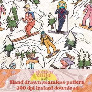 Retro Ski fahren Muster: Handgezeichnetes Winter Schnee Tag Digitales Papier (12x12&quot;PNG Digital Download)&quot;