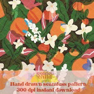 Riso inspirierte Sommerorangen Handgezeichnetes Nahtloses Muster | 12x12&quot;| High-Res 300 DPI | Sofortiger digitaler Download für Planer, Stoffe, Basteleien
