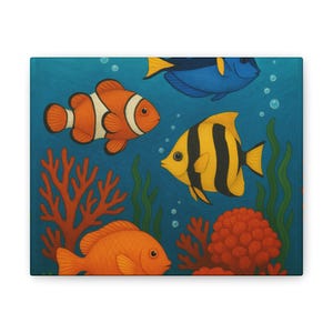 Vibrant Underwater Canvas Art, Colorful Fish Stretched Wall Decor, Ocean Life Home Decoration, Gift for Aquatic Lovers