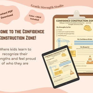 Confidence Construction Zone Worksheet | Self-Esteem Activity for Kids | Printable Therapy Tool | Color + Black & White PDF