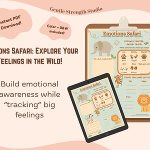Emotions Safari Worksheet | Animal-Themed Feelings Tracker | Therapy and SEL Printable | Counseling or Classroom | Color + Black & White PDF
