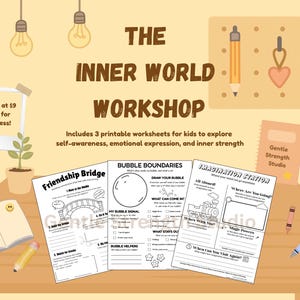 以下が含まれることがあります： 明るい茶色のテーブルには、子供向けのワークショップセットが展示されています。 セットには、3 つの印刷可能なワークシート、ノート、色鉛筆が含まれています。 上部には「THE INNER WORLD WORKSHOP」という文字があります。 ワークシートは、自己認識と感情表現を探求するように設計されています。