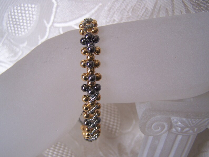 Bead Woven Bracelet, Beadweaving Jewelry, Gunmetal and Gold Bracelet, Bracelet for Her, Metal Bead Bracelet, Unique Beaded Bracelet for Her image 3