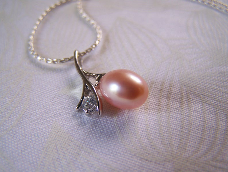 Genuine Pearl Pendant Dainty Pearl Pendant Peach Color Pearl Pendant Sterling Silver Pearl Setting Real Pearl Pendant with Setting