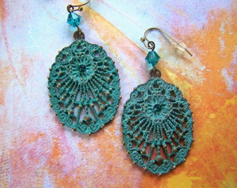 Dangle Earrings, Patina Brass Earrings, Cutout Metalwork Earrings, Brass Dangle Earrings, Earrings for Women, Vintage Look Earrings, Boho