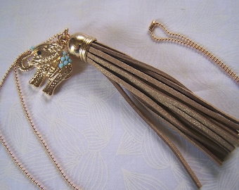 Tassel Pendant with Elephant Charm Boho Style Necklace Clearance