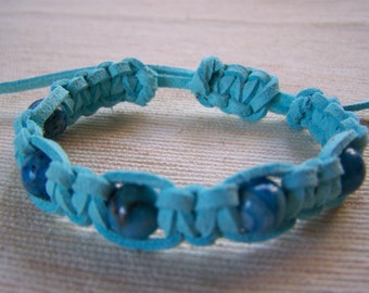 Macrame Bracelet Genuine Crazy Lace Agate Bead and Sky Blue Suede Shamballa Style Child Adult