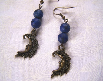 Crescent Moon Earrings Art Nouveau Antiqued Brass