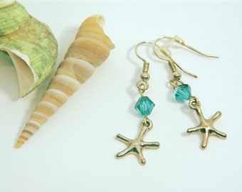 Starfish Earrings, Silver Starfish Earrings, Starfish Charm Earrings, Starfish with Swarovski Crystals, Unique Earrings, Starfish Dangle