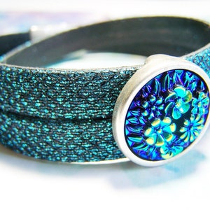 Leather Wrap Bracelet, Flower Slide Bracelet, Women&#39;s Magnetic Clasp Bracelet, Double Wrap Bracelet, Women&#39;s Bracelet, Glitter Leather